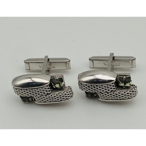 Vintage Swank Smokey Rhinestone Cufflinks Silver Tone Contrast Texture Signed - Picture 2 of 6